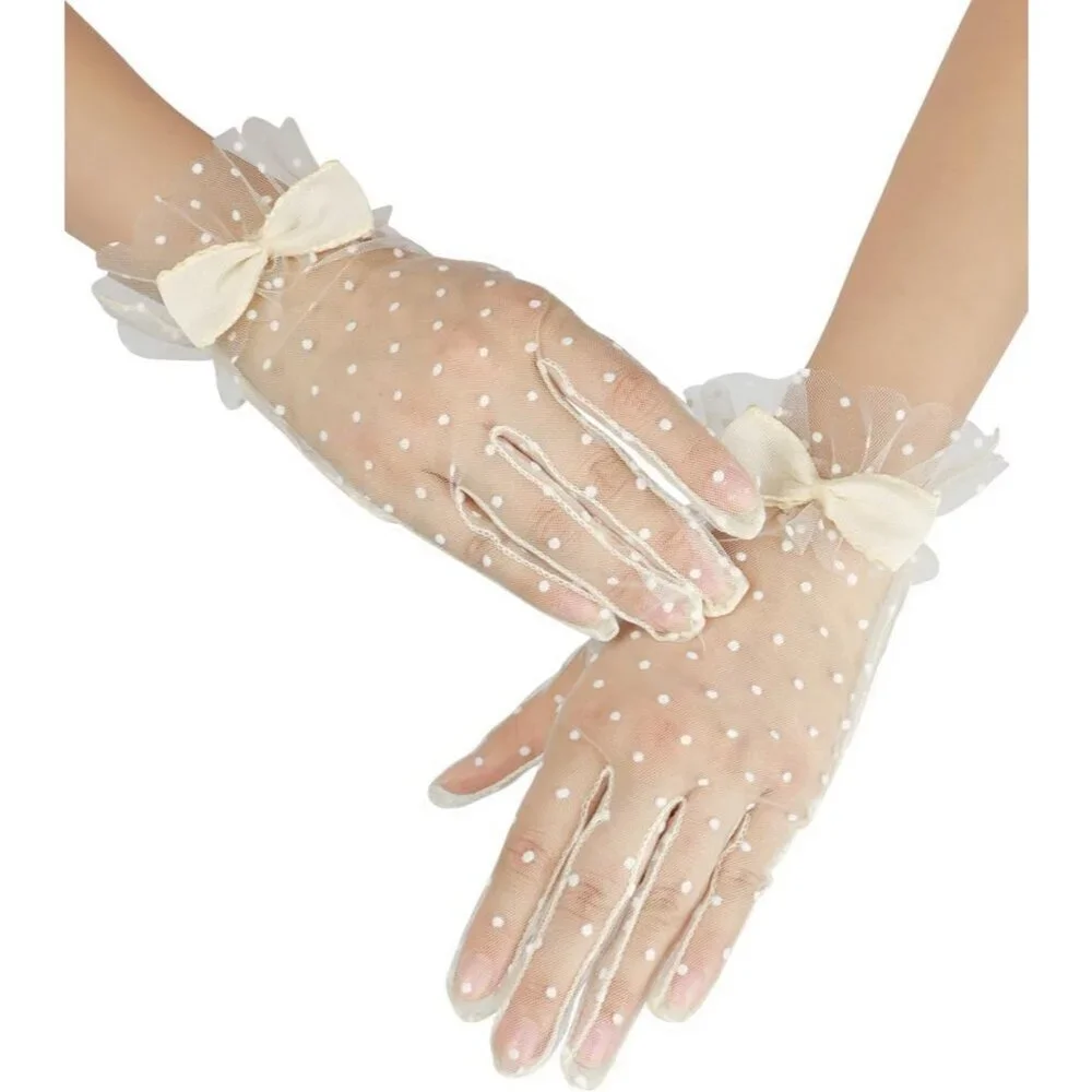 Women's Beige Short Polka Dot Lace Bow Mesh Party Wedding Bridal Gloves Prom